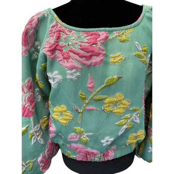 Arianne Elmy Green Good Luck Floral Embroidered Puff Sleeve Top Size S - Picture 9 of 15